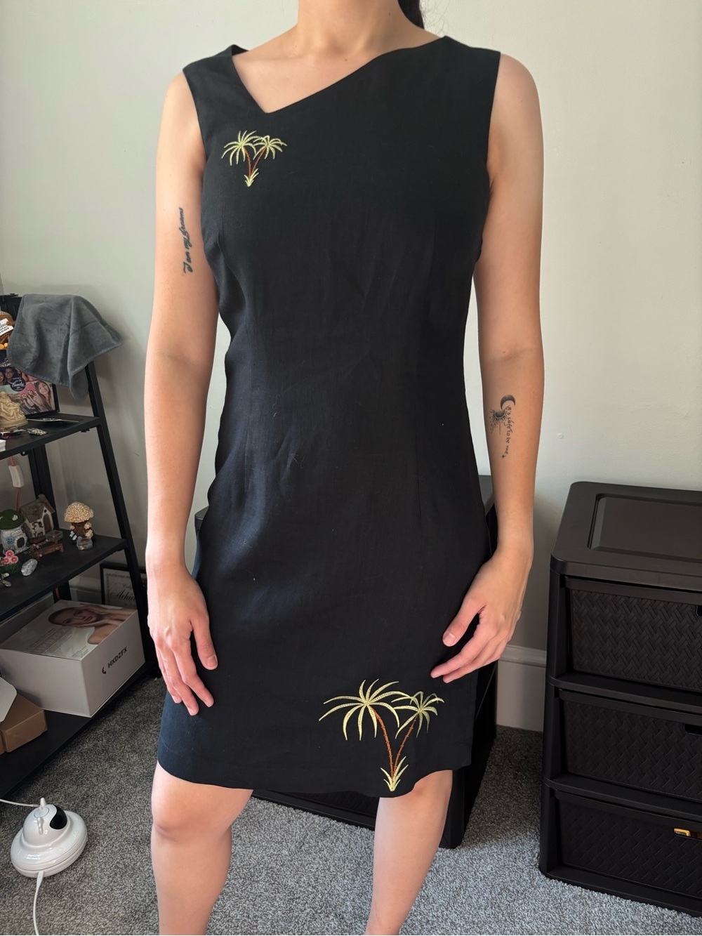 Vintage 90s Black Linen Summer Cottage Beach Embroidered Palms Midi Small Dress